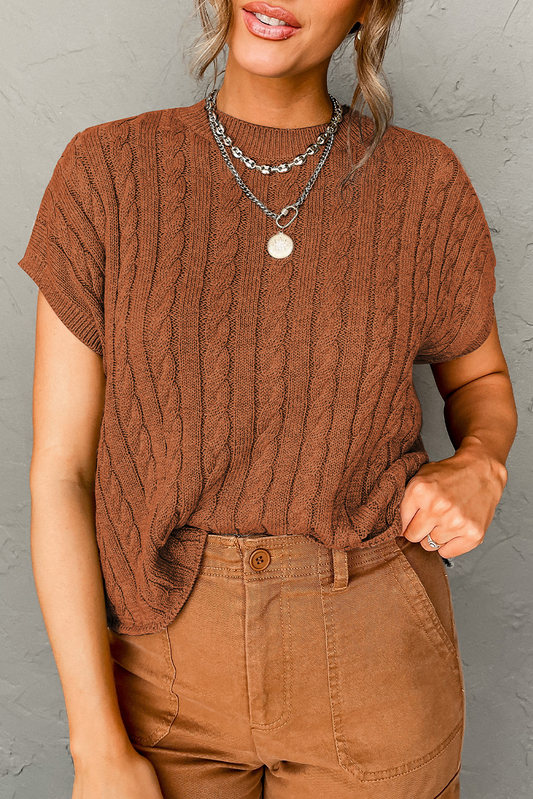 Chestnut Crew Neck Cable Knit Short Sleeve Sweater