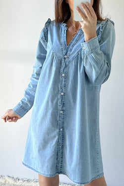 Myosotis - Straight denim dress with buttons, ruffles and V-neck