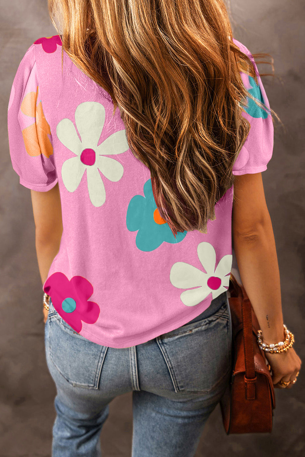 Pink Flower Print Bubble Sleeve Tee