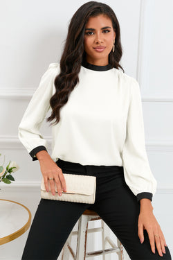 White blouse with uphill collar with knot in the back and color blocks