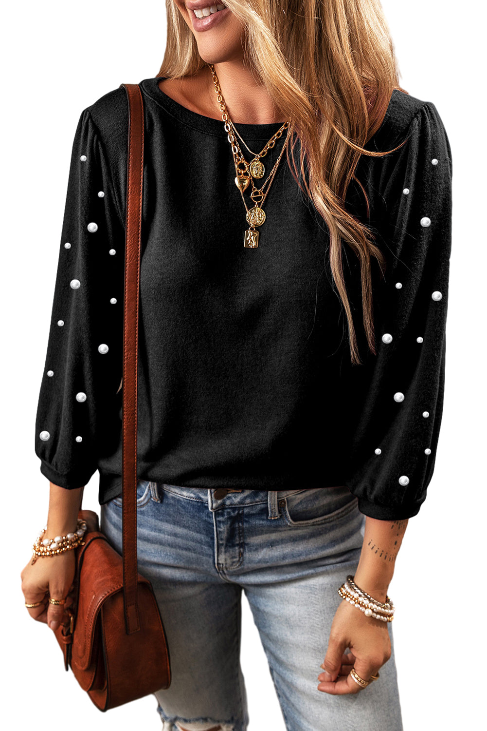 Round neck t-shirt 3/4 Black Pearl Decor