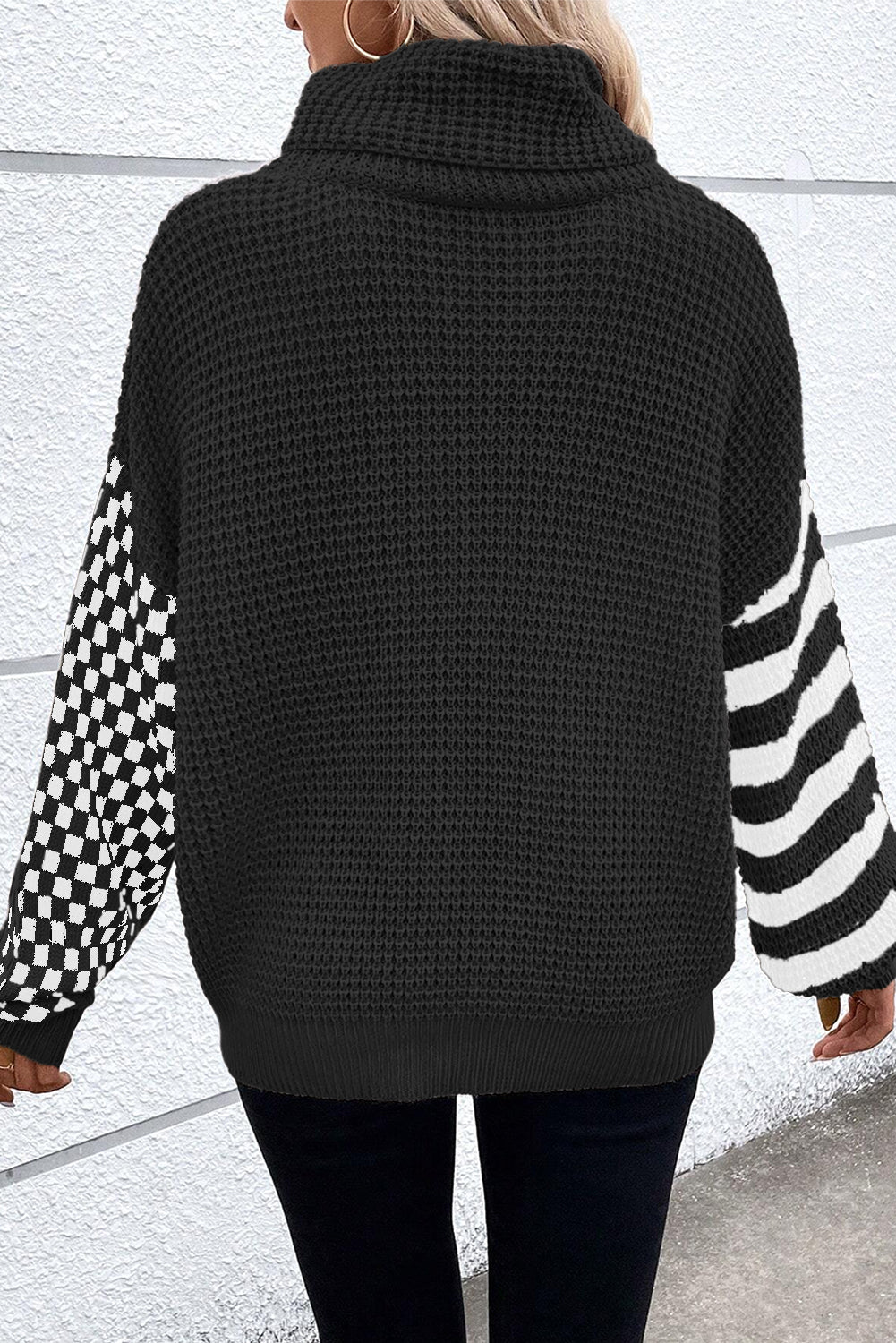 Black Striped Plaid Patchwork Waffle Knit Turtleneck Sweater