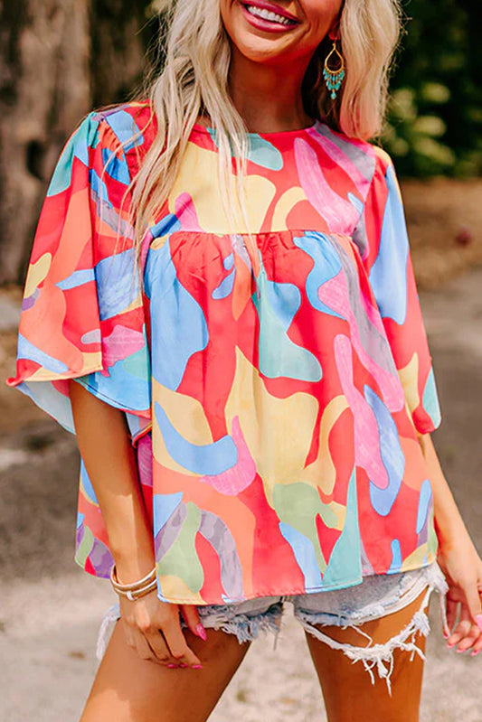 Multicolour Abstract Pattern Assicch Wide Clew Neck Blouse