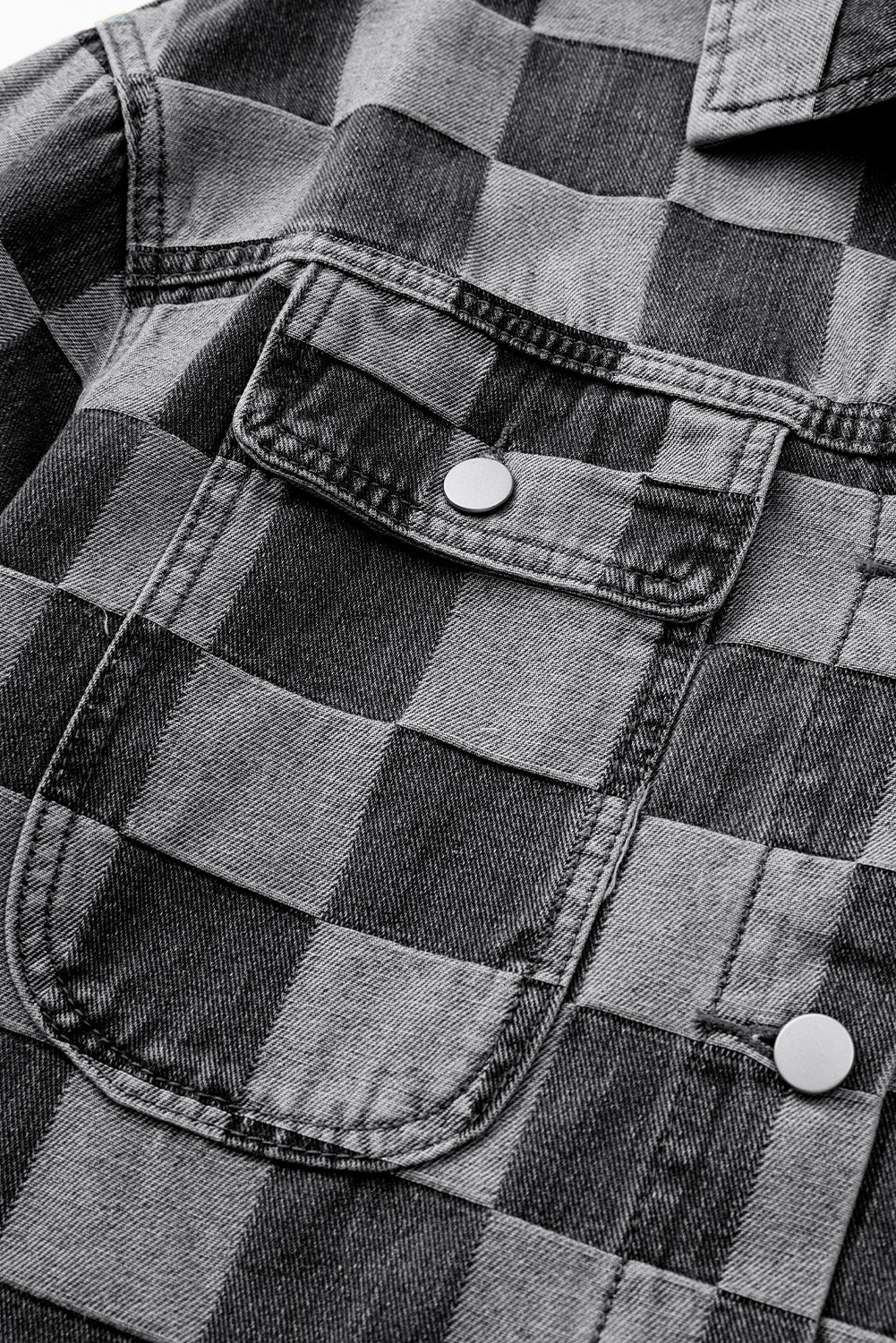 Veste en jean boutonnée noire à carreaux et patchwork