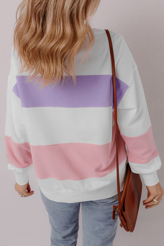 Beige crew neck sweatshirt with dropped shoulders in color block patchwork