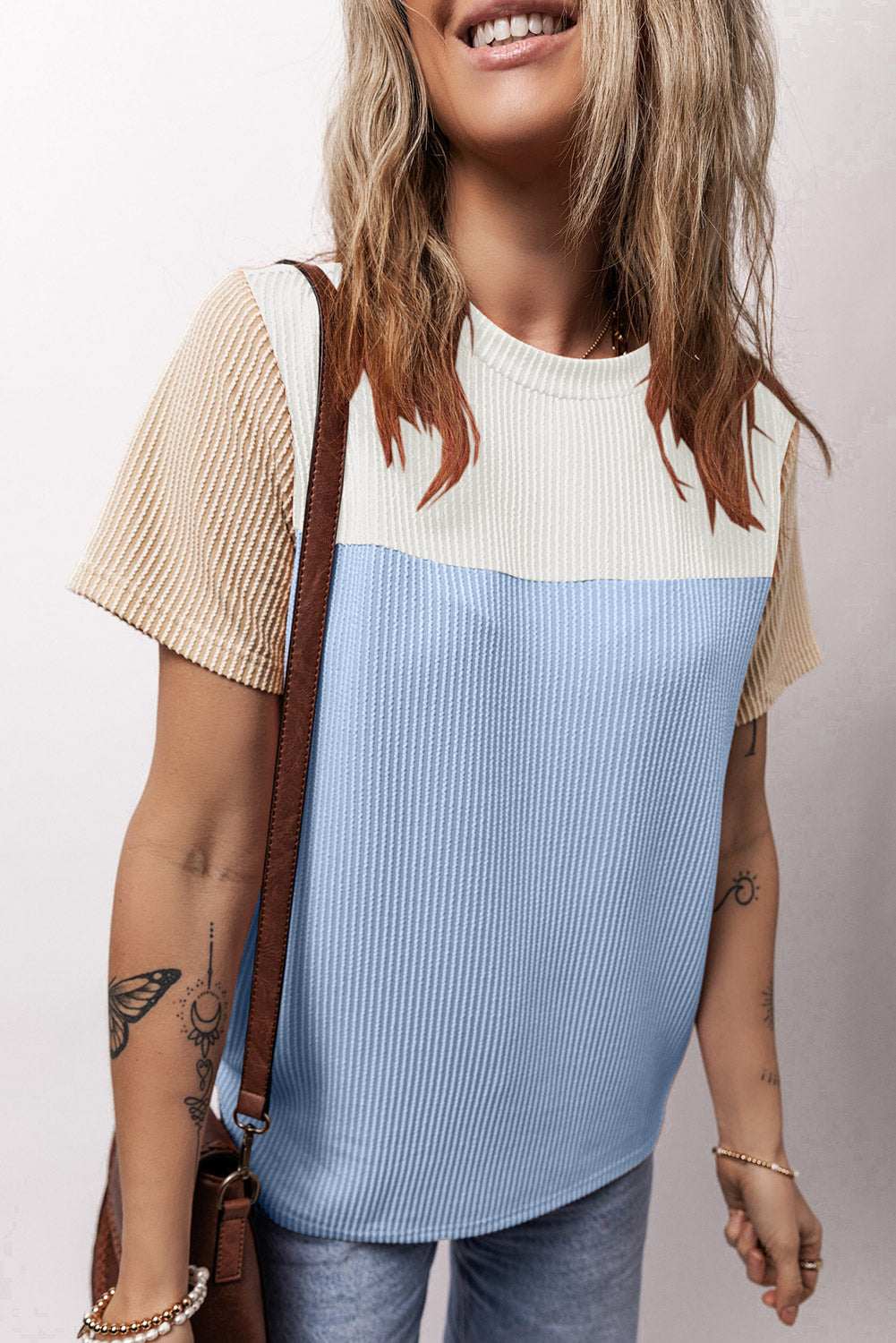 Light Blue Rib Textured Colorblock T Shirt