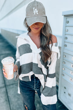 Striped Oversized Collar Long Sleeve Top