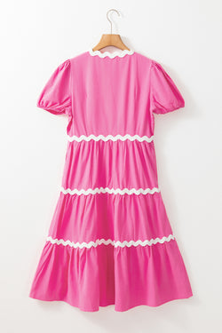 Mid-length fluid dress with short puffing sleeves and candy ric rac border