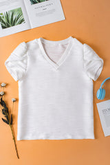 Blanco alto con mangas cortas y cuello de cuello en V apretado