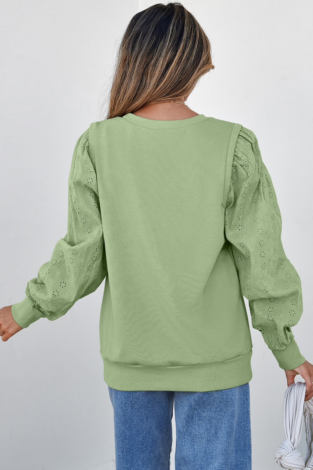 Mist Green Solid Patchwork Ärmel rundes Nacken -Sweatshirt