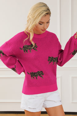 Red Rose Fierce Animal Pattern Casual Knitted Sweater