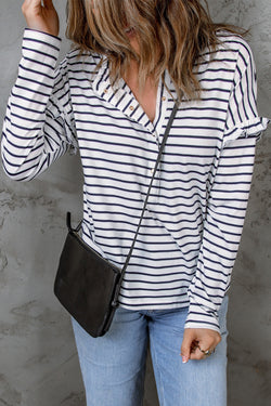 White Striped Print Ruffle Buttoned Long Sleeve Top