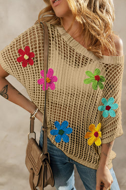 Suéter de trabajo abierto con flores de crochet beige *