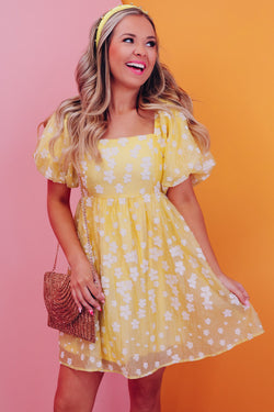 Yellow bohemian floral jacquard square neck puff sleeve mini dress