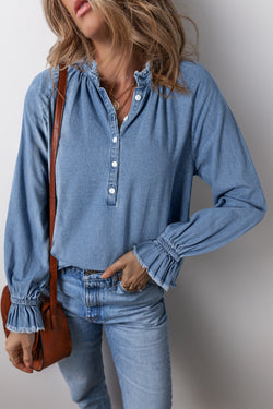 Half-drawn denim top with raw hem and sky blue ruffles