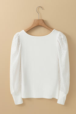 White Floral Puff Sleeve Ribbed Knit Top