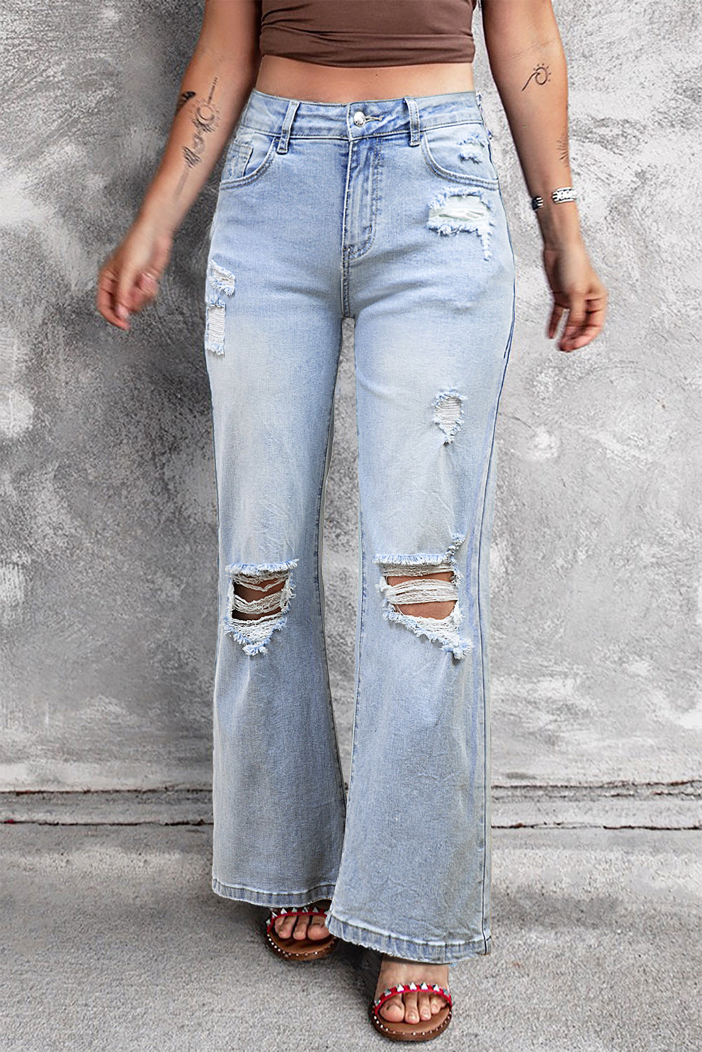 Beau Blue Vintage Light Blue Distressed Flared Jeans