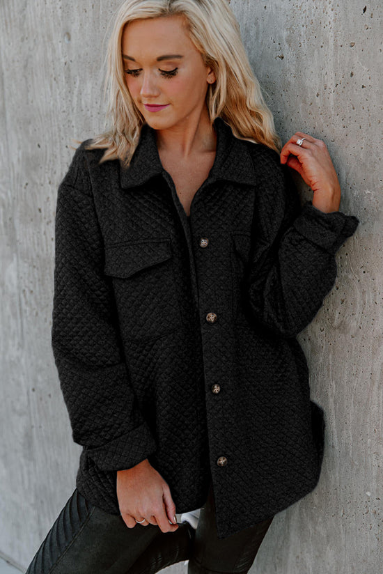 Retro padded black buttoned jacket with flap pocket