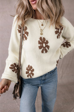 White round-neck sweater with color block floral pattern