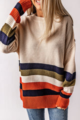 White striped sweater with dropped shoulders and buttoned shoulders