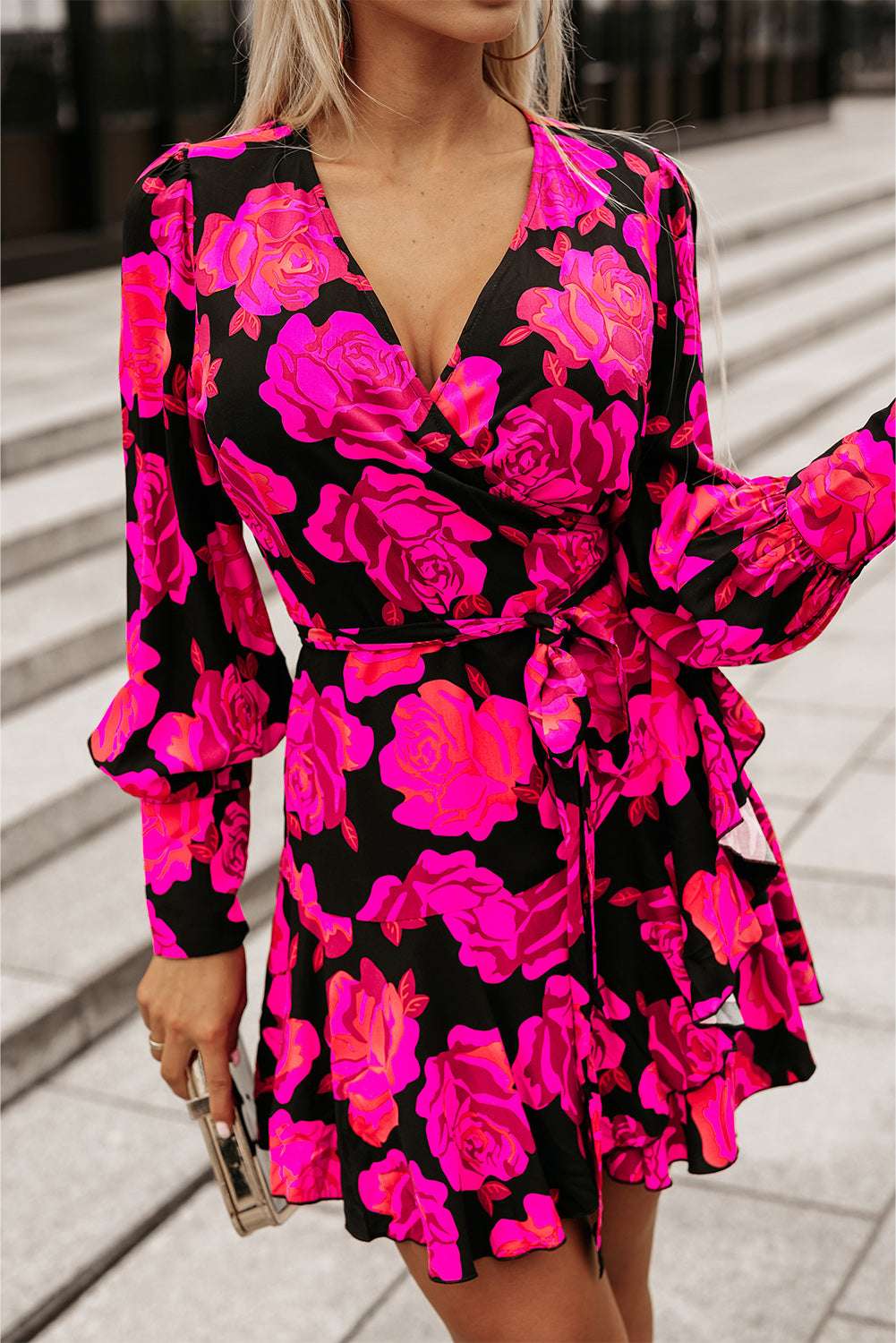 Pink Floral Print V-Neck Bishop Sleeve Ruffle Wrap Mini Dress