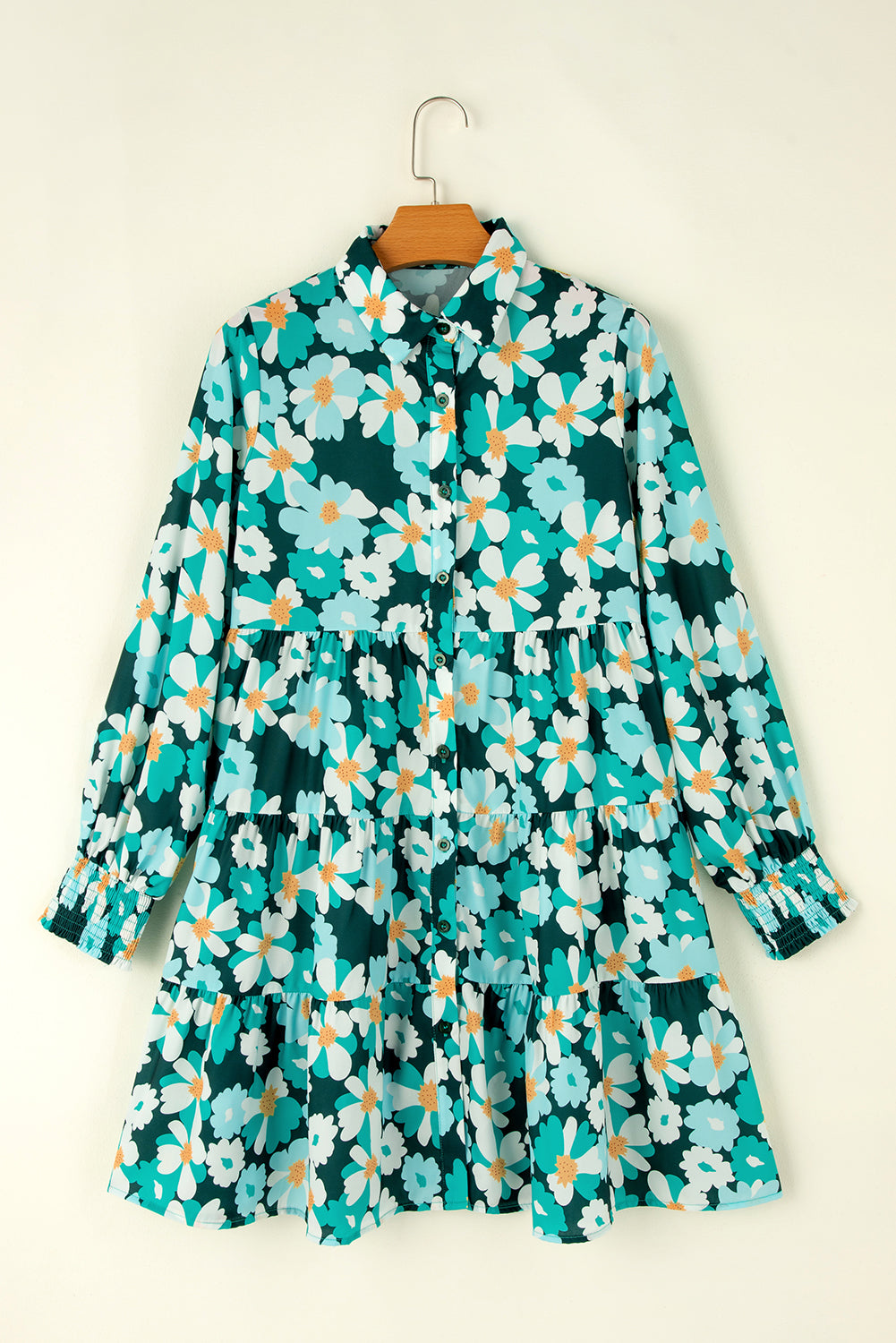 Green floral shirt dress with long puffed sleeves