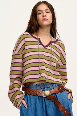 Long sleeve top with notched collar in spinach green contrast stripes and waffle texture