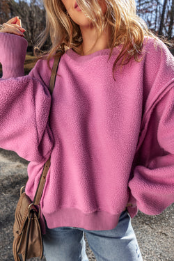 Hot Pink Oversized Drop Shoulder Sweatshirt with Sherpa Stitching