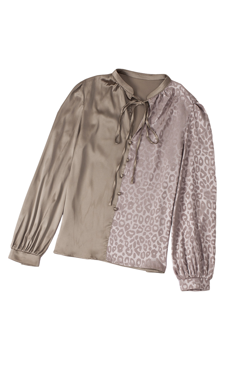 Ligero franco beige contraste mitad leopardo jacquard satin blusa