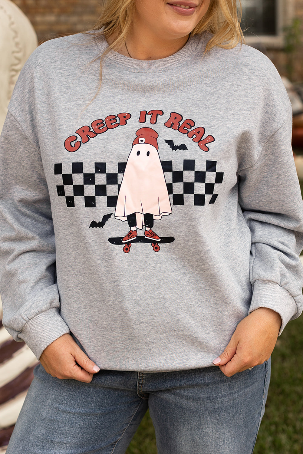 Sweat-shirt gris clair Creep It Real Ghost imprimé grande taille