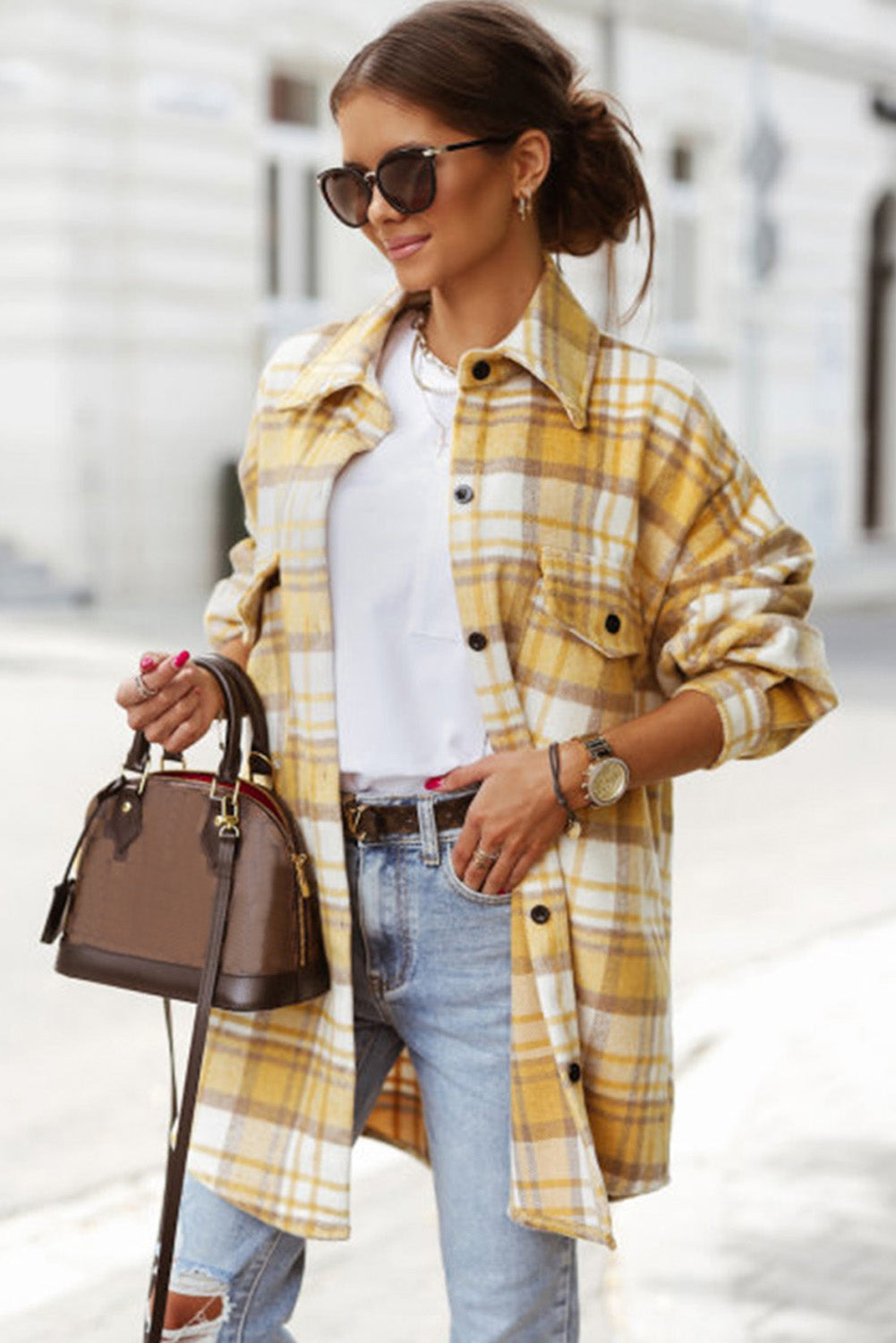 Veste jaune à manches longues avec poche à rabat et carreaux