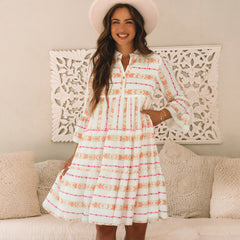 Robe ample à volants et manches bracelet imprimée bohème orange, col fendu