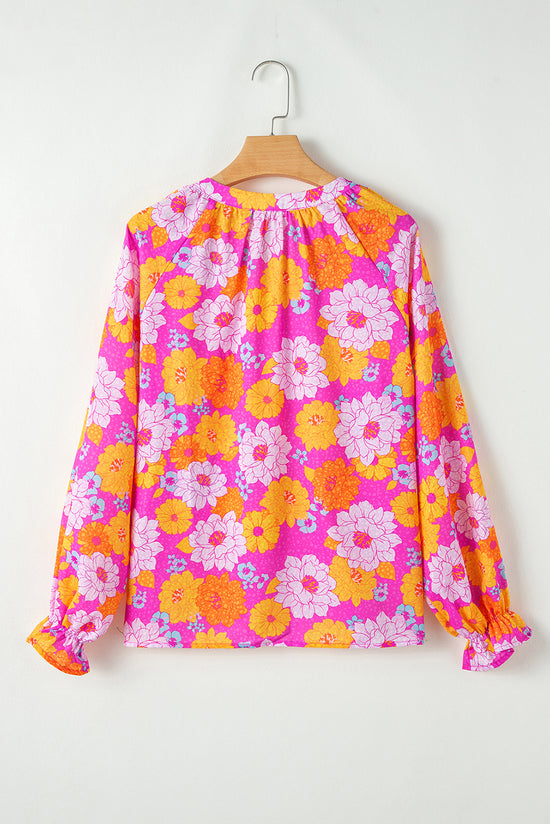 Crown neck blouse and flushed sleeves with pink floral print