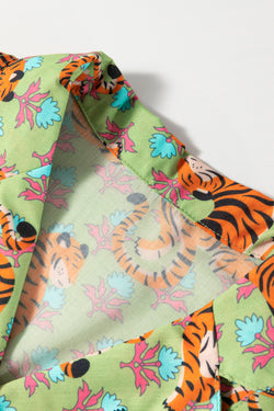 Chemise décontractée à col en V et imprimé floral tigre vert