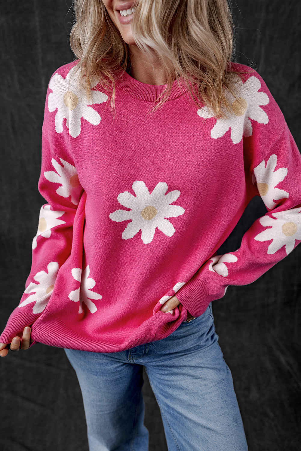 Hot Pink Daisy Flower Crew Neck Long Sleeve Sweater