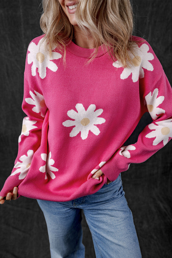 Suéter de manga larga y cuello redondo rosa brillante con flores de margarita