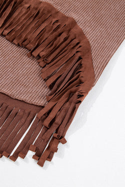 Coffee Waffle Knit Fringed Loose High Low Top