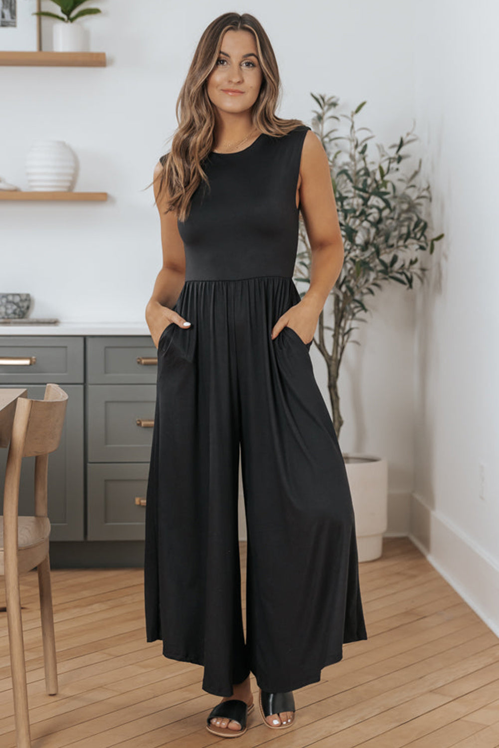 Schwarz Open Back Wide Bein Jumpsuit