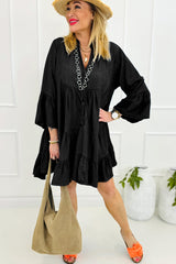 Black mini-Robe in ruffled chambray and 3/4 sleeves on several levels and split v-neck