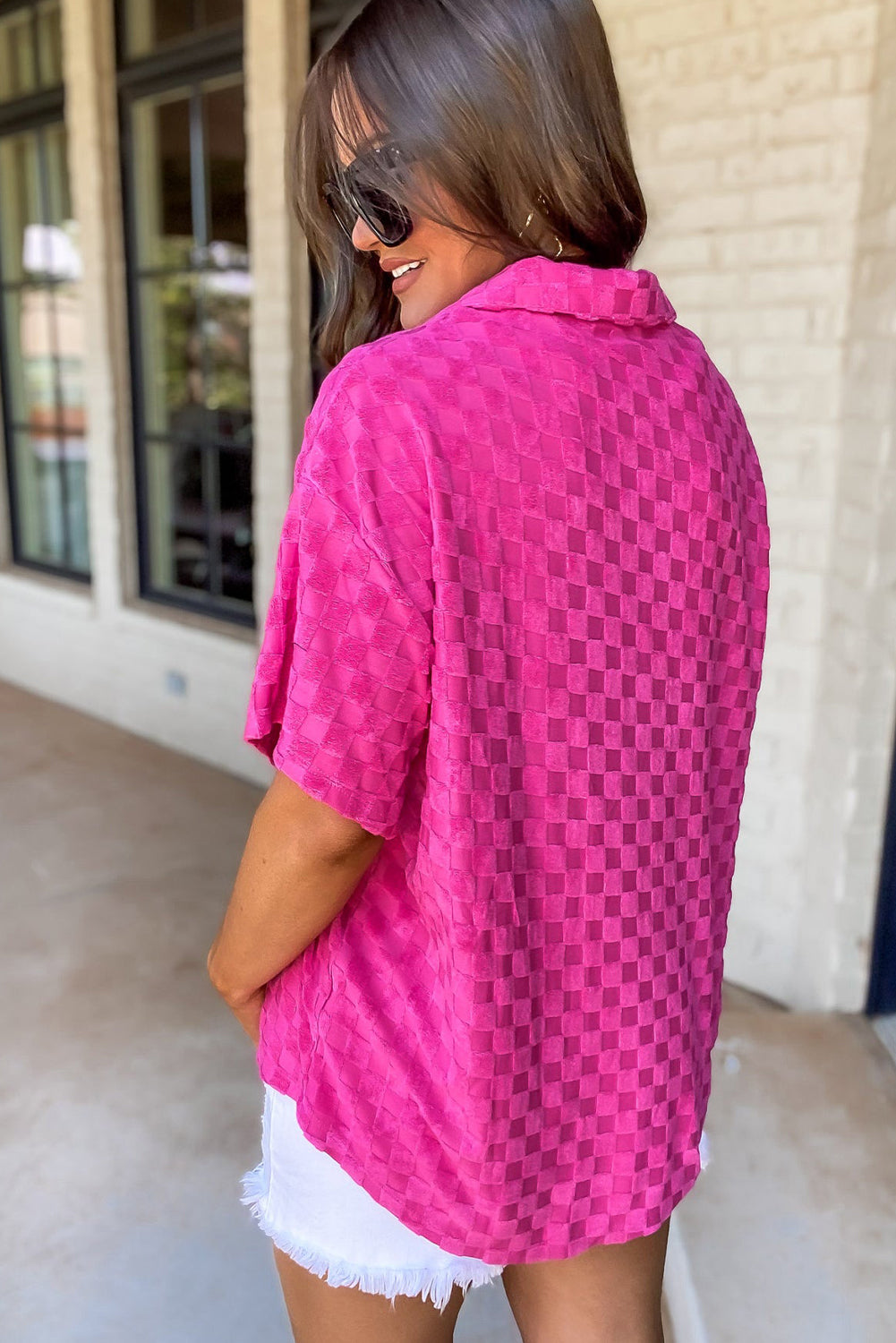 Bright Pink Lapel Neck Checkered Textured Short Sleeve Shirt