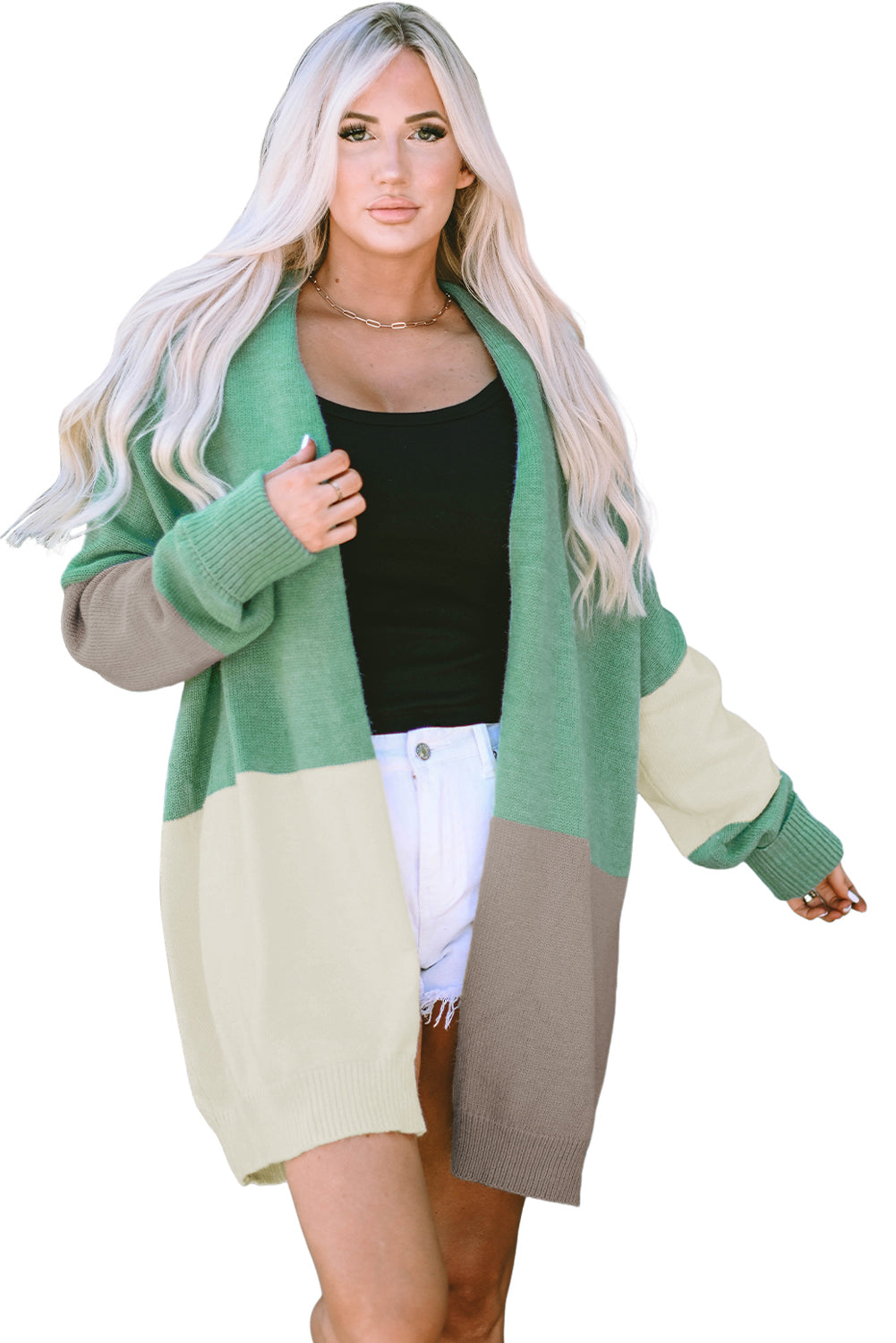 Green Colorblock drapierte offen vordere klobige Strickjacke