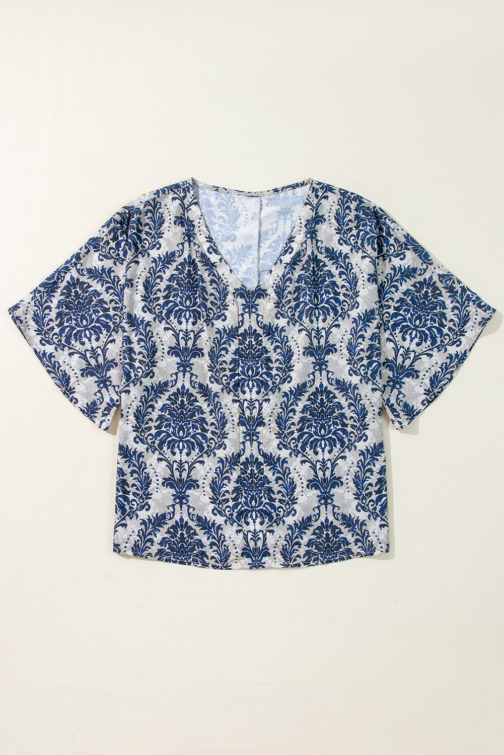 Blue Vintage Flower Árbol Flatina de cuello V BLUSE