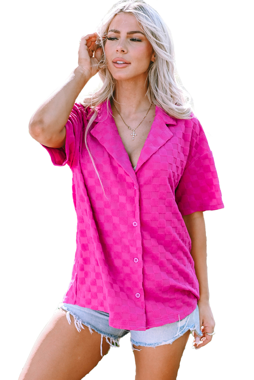 Bright Pink Lapel Neck Checkered Textured Short Sleeve Shirt