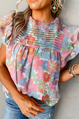 Blouse plissée à manches flottantes et à volants à fleurs rose-A WOMAN WE LOVE