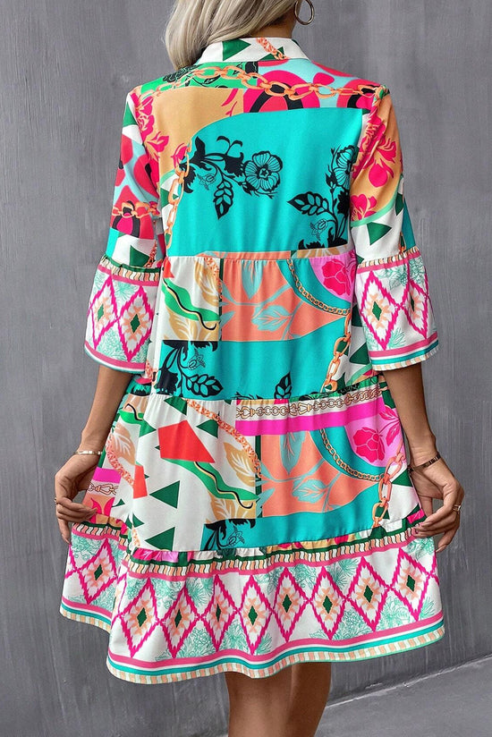 Multicolor mini-abstract print, half-long sleeves, notch collar