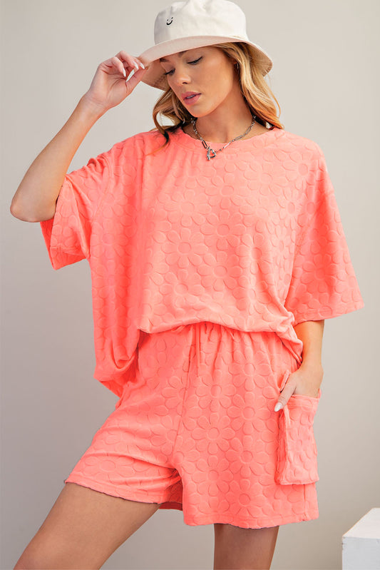 Grapefruit Orange Blumenstrukturiertes Kurzarm -Top und Shorts Lounge Set