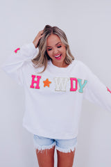 Sudadera blanca relajada Howdy Glitter Chenille Patch Gráfico