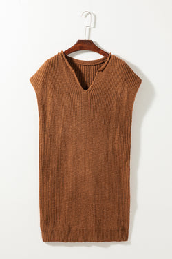 Short -sleeved camel dressing dress and plain -colored V -neck collar