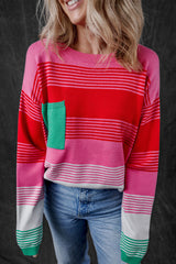 Pull à épaules tombantes et poche plaquée en tricot à rayures roses