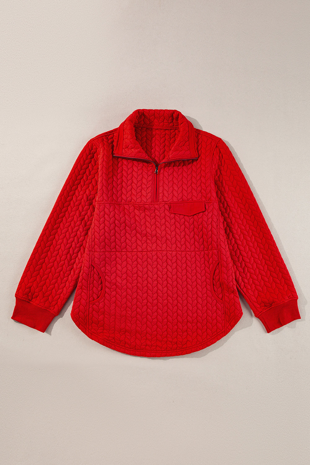 Tomato Red Cable Textured Sweater with Quarter Zip Pocket, Plus Size